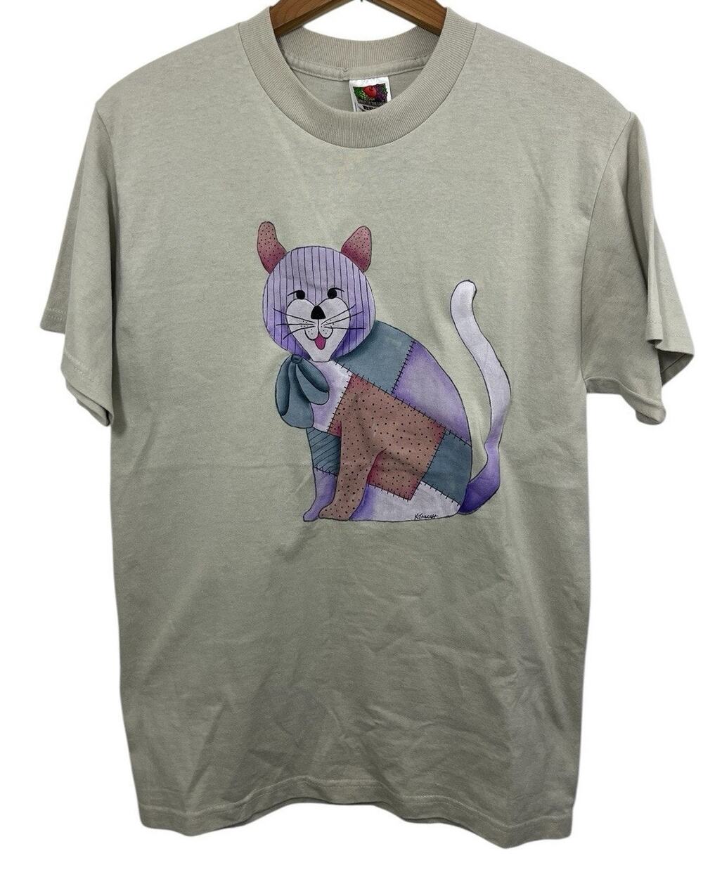 Cat T-shirt Beige Grandmacore Y2K Patchwork Medium Cat Lady Painted Catcore VTG